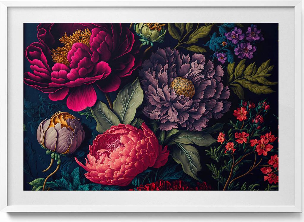Vintage-Bouquet aus botanischen Blumen– Wandbild mit Rahmen – Gerahmtes Bild – Wanddekoration – 100x70 cm – Weiß Rahmen