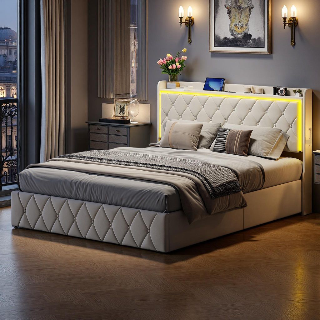 ProximaX Polsterbett 160x200 cm mit LED Beleuchtung & USB-Ladestation – hydraulisches Doppelbett mit Stauraum, Samtstoff Beige