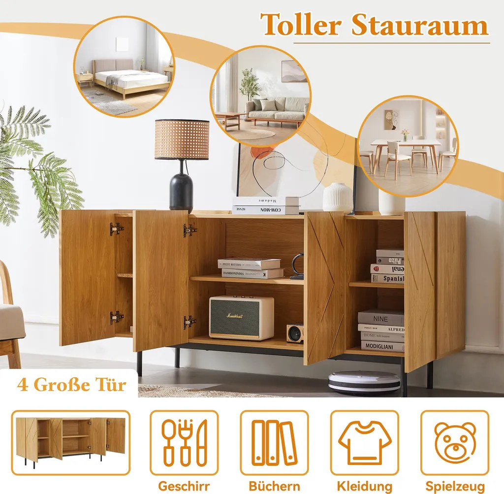 Meuble d'appoint polyvalent 4 portes bois - Buffet 160 cm pour séjour
