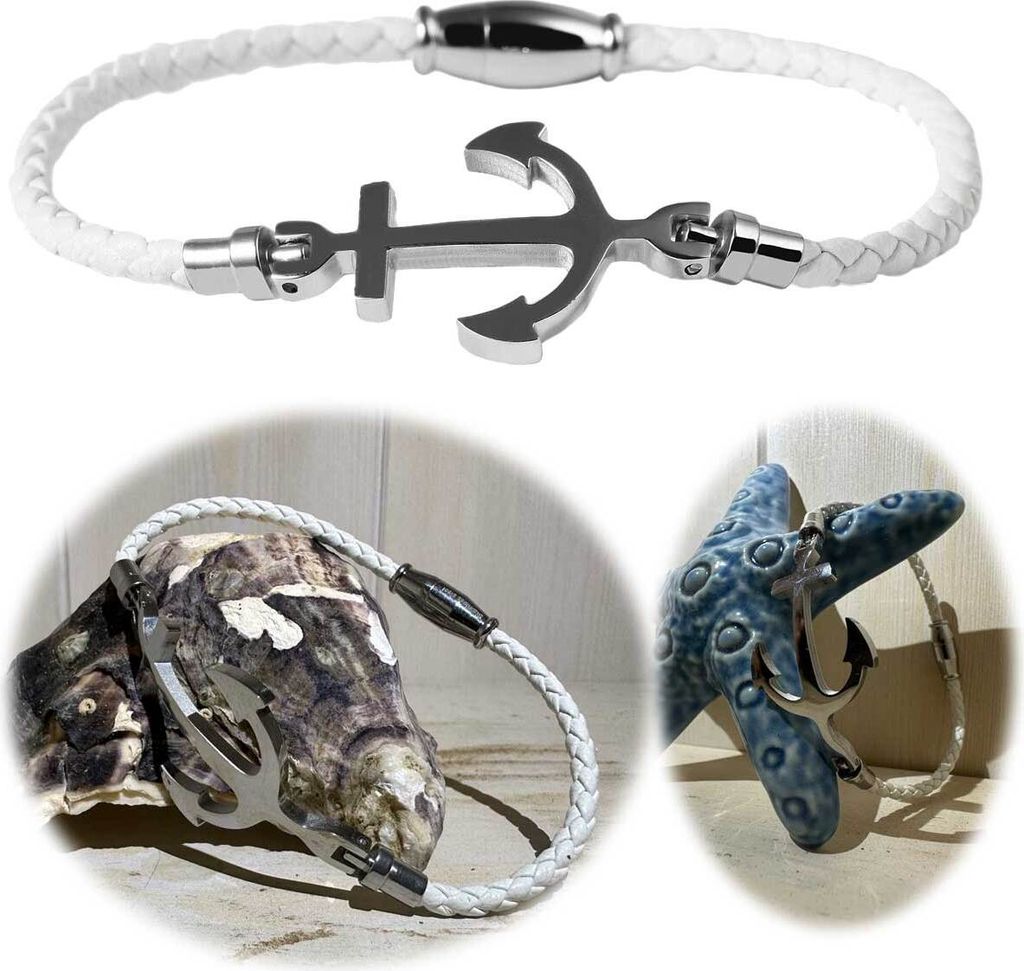 LS-LebenStil Elegantes Damen Lederarmband 18cm Kampen Edelstahl Anker Weiß Silber geflochten Echtleder Magnetverschluss Damenarmband Geschenk Maritim