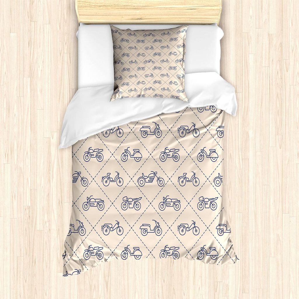 ABAKUHAUS Abenteuer Bettbezug Set, Geometrische Stil Umrißzeichnungen Motorräder in Squares, 135 x 200 cm + 80 x 80 cm, Champagne Dunkelblau Grau