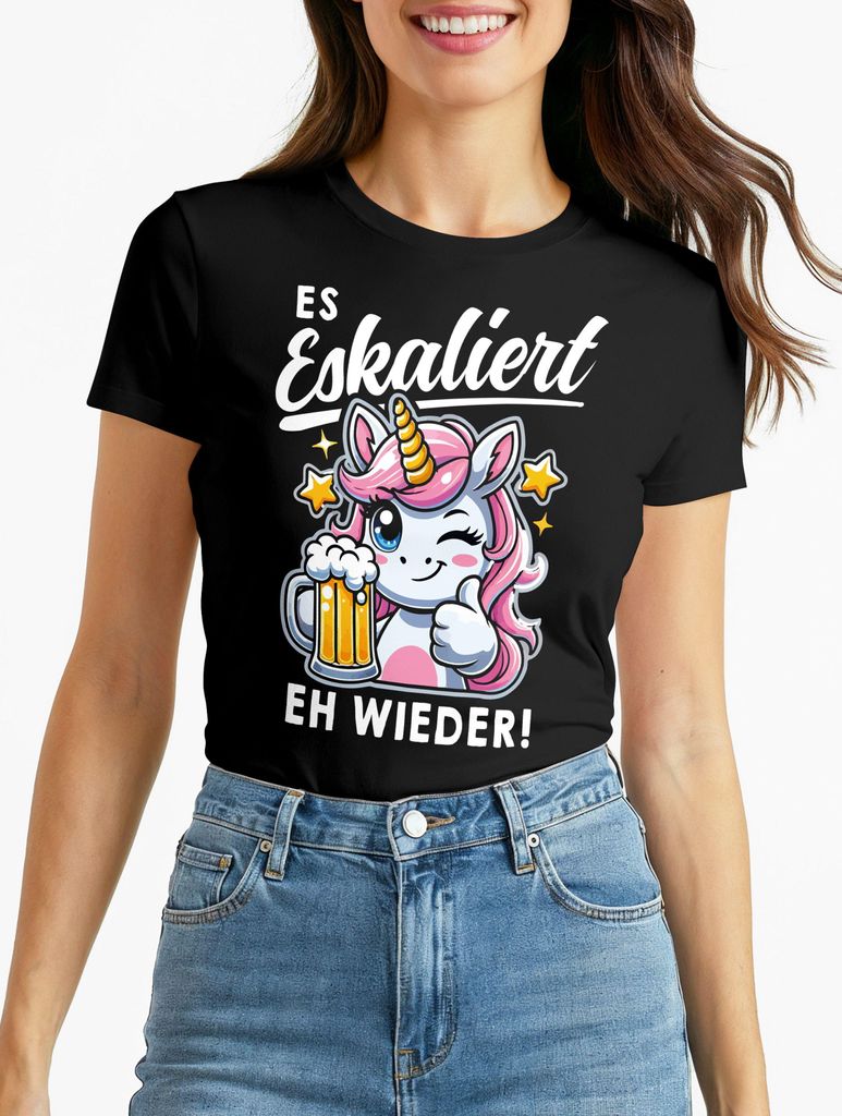 Damen T-Shirt Spruch Es eskaliert eh Frosch Einhorn Clown Fasching Karneval Frauen Fun-Shirt lustig Moonworks