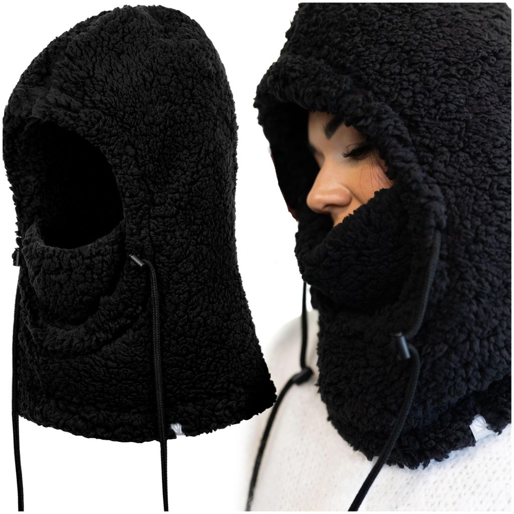 A split image showing a black fleece balaclava. One side shows the balaclava on its own, and the other side shows a woman wearing it.