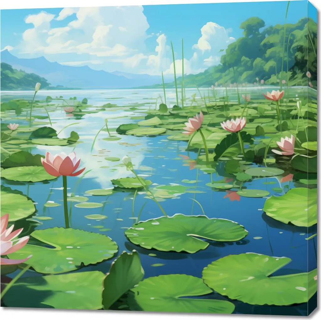 Image carrée 90x90 cm Idylle Étang - Impression haute qualité fleurs