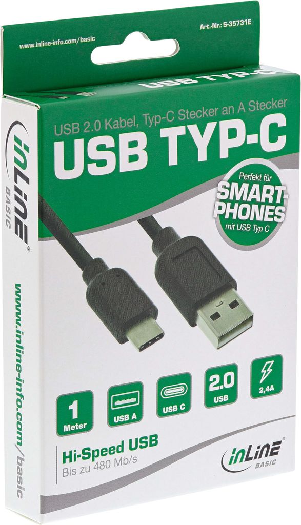 InLine Basic USB 2.0 Kabel, Typ C ST an A ST, schwarz, 1m