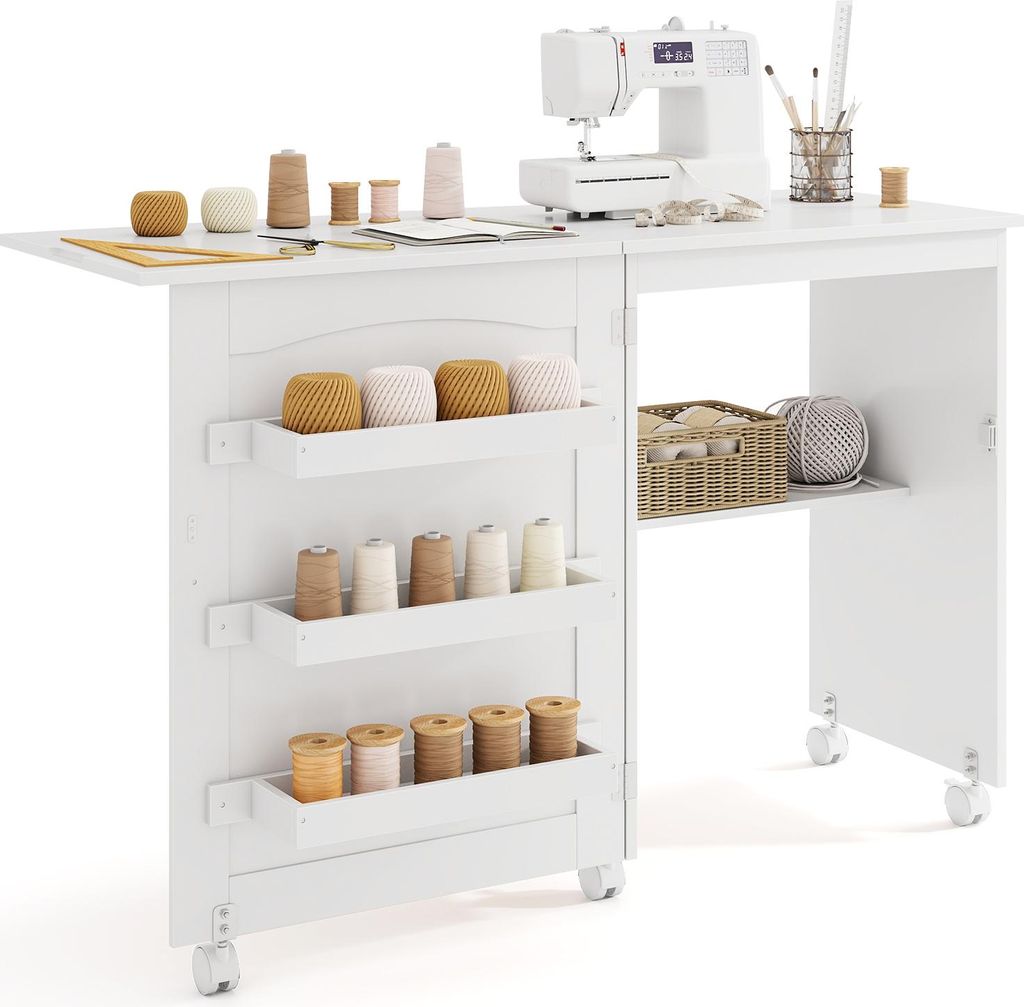A white sewing table with a sewing machine and various spools of thread.