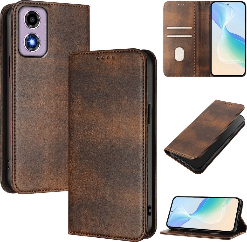 Handyhülle für Motorola Moto E14 / G04 / G04s / G24, Vintage Leder RFID Schutz Kartenfach Standfunktion Magnetische Klapphülle Braun
