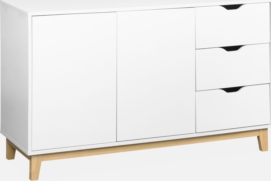 A white sideboard with wooden legs and handles, shown against a white background.
