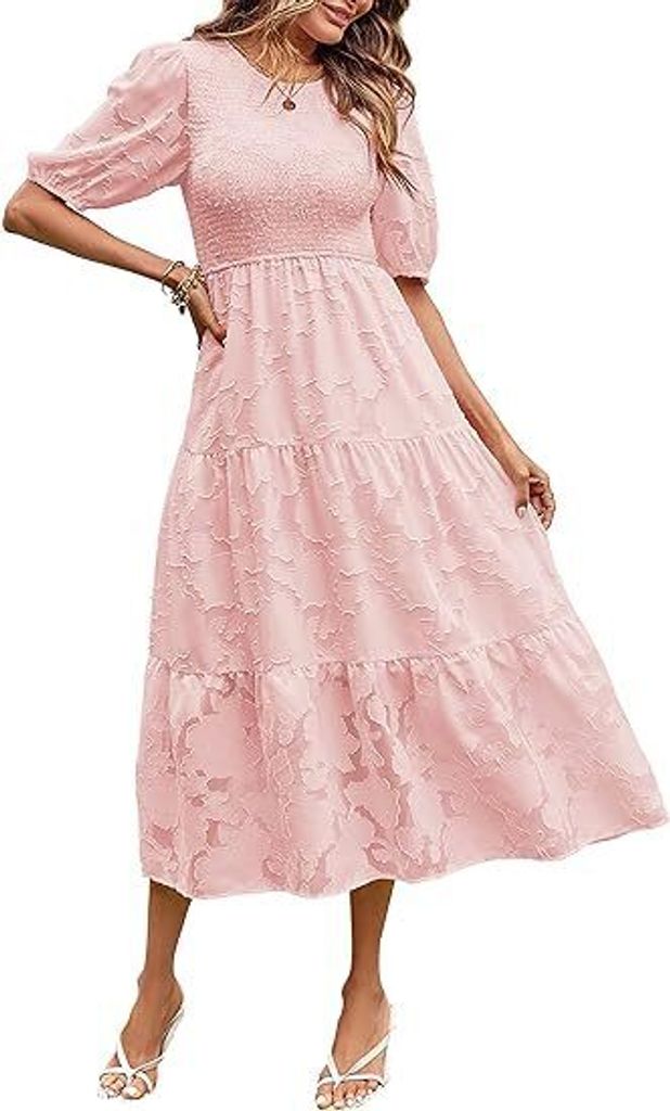 Damen Sommerkleid 2024 mit Puffärmeln, Gesmokt, Blumenmuster, Rundhalsausschnitt, Spitze, Fließend, Gestuftes Midikleid