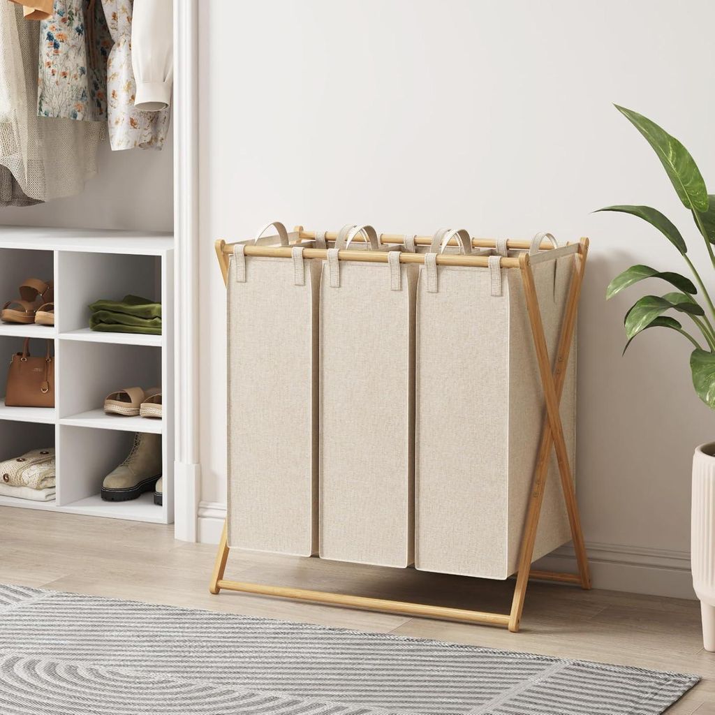 Lifewit 150L Faltbare Wäschekorb mit 2 Fächern, große Bambus X-Rahmen Wäschekorb, faltbarer Wäschekorb mit 2 herausnehmbaren Taschen für Wasc...