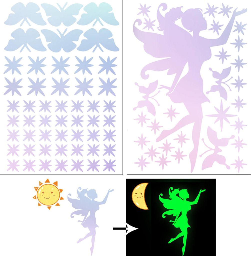 Leuchtsterne Selbstklebend Wandtattoo, Schmetterlings Mädchen Wandaufkleber, Feen Leuchtender Wandaufkleber, Leuchtsterne Selbstklebend für Kinde...