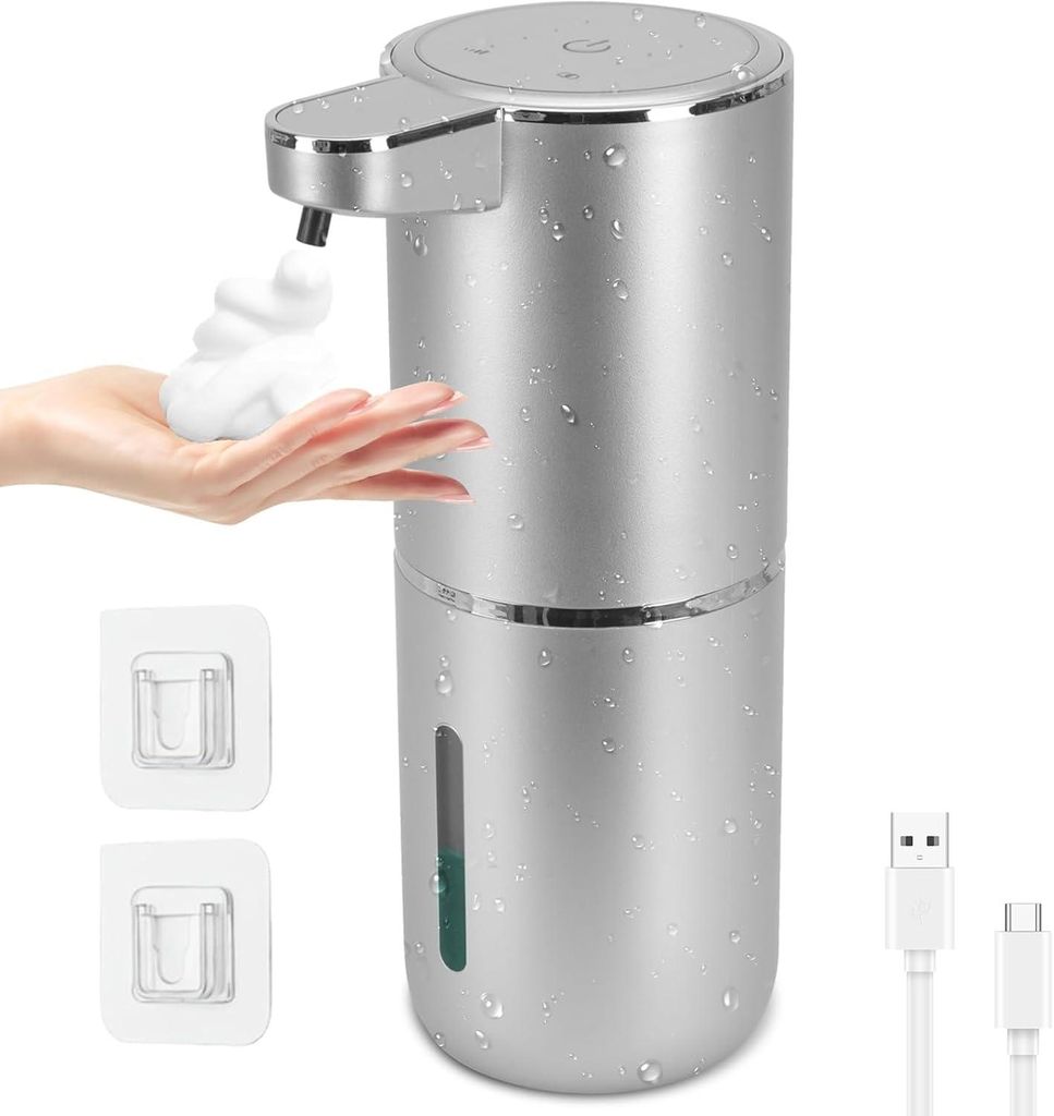 Automatischer Seifenspender (380 ml), elektrischer Seifenspender mit Infrarotsensor, silberfarben, Wandmontage, USB-aufladbar, wasserdicht (IPX5) f...