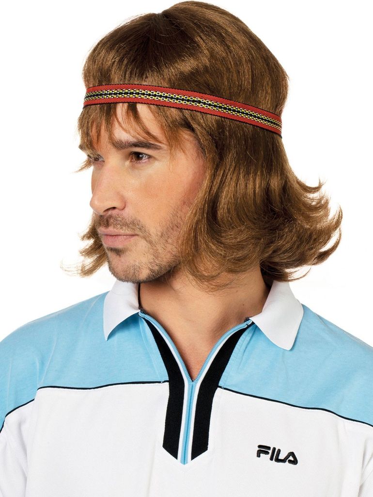 A man wearing a wig and a Fila shirt.
