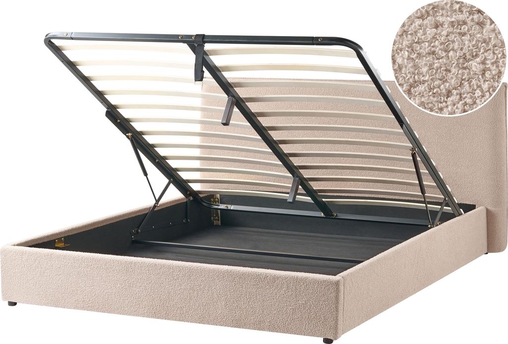 BELIANI Polsterbett Taupe Bouclé mit Bettkasten Lattenrost 180x200 cm Hochklappbar Hohes Kopfteil Stauraumbett Stoffbett Doppelbett für Schlafzimmer