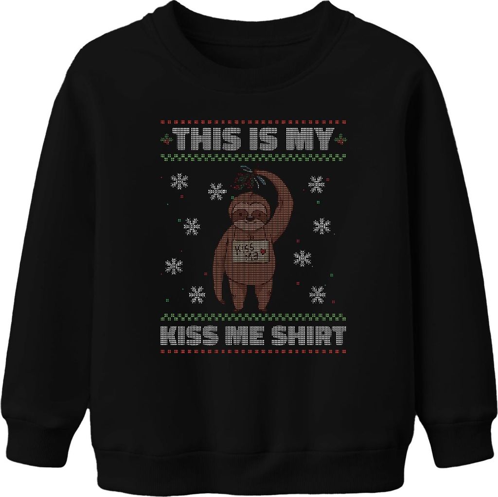 Faultier Mistelzweig Kuss Shirt - Ugly Christmas Sweater Weihnachten Uni Kinder Sweatshirt, Schwarz, 104