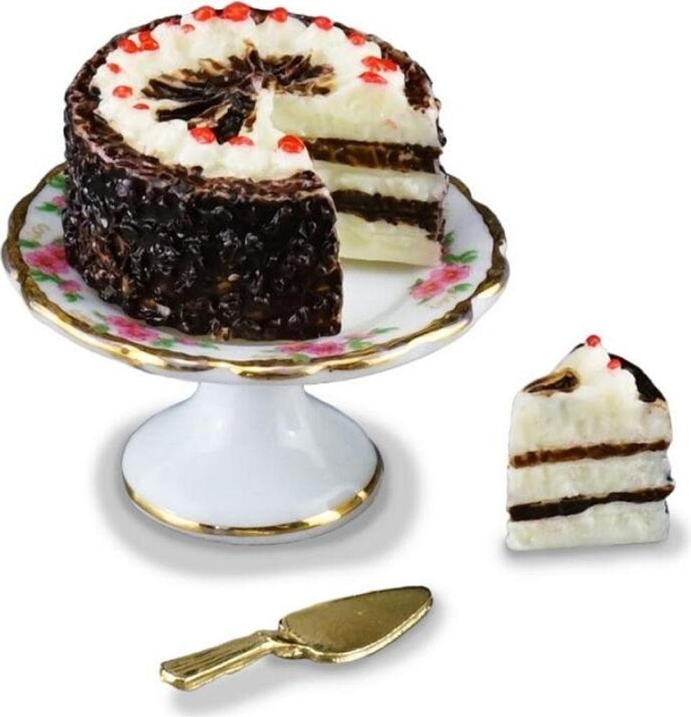Schwarzwälder Kirschtorte Miniatur auf Tortenplatte mit Stück