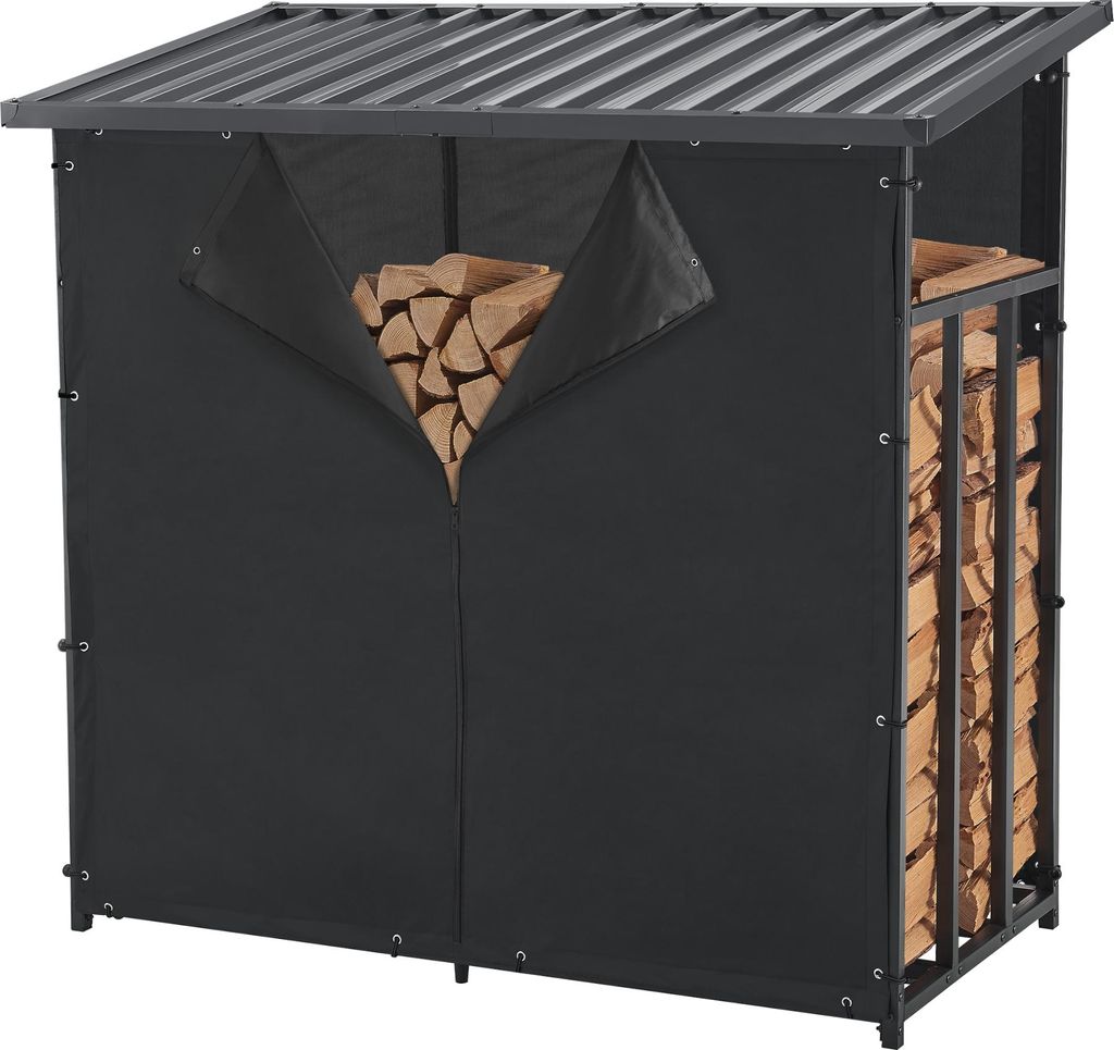 A black metal firewood rack with a metal roof, filled with firewood. The front of the rack has a black fabric cover with a zippered opening revealing some of the firewood inside.