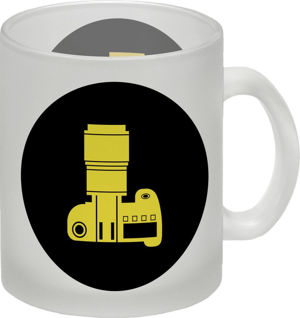 Fotografie Glas Tasse mit Kamera Motiv in Gelb