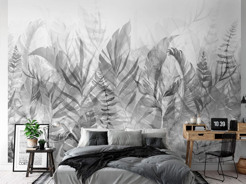 Vlies Fototapete graue Blätter 400x280 cm Tapeten Wandtapete XXL Natur Pflanzen Botanik wie gemalt b-A-0696-a-c