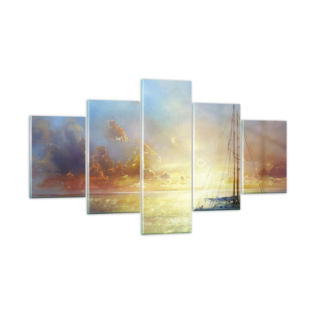 Bilder auf glas - 5 Teile - Segelboot Westen die Sonne - 125x70cm - Glasbilder - Wandbilder - Bilder - zum Aufhängen bereit - Wanddekoration aus G...