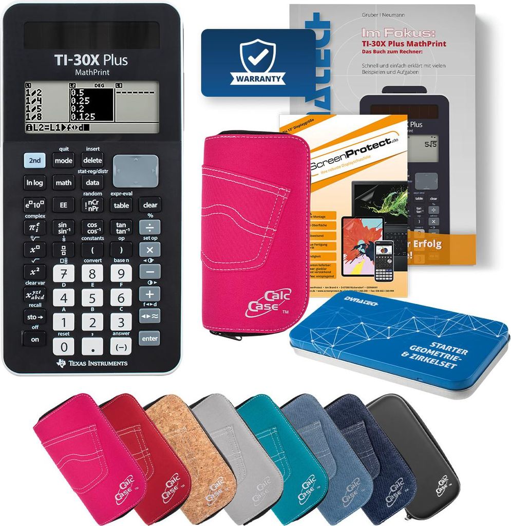 TI-30X Plus MP Taschenrechner mit Tasche pink, Schutzfolie, Buch & Zirkel Set