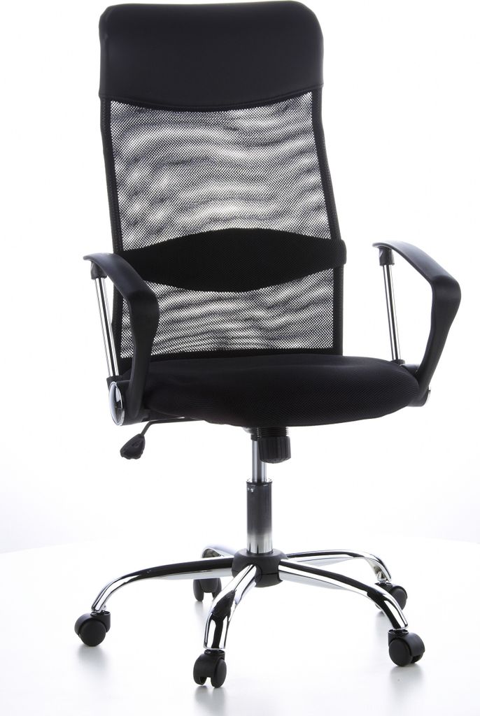 A black office chair with a mesh back and armrests, shown from a front-side angle on a white background.