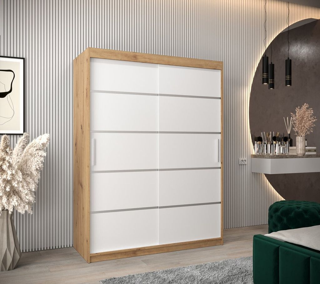 Kleiderschrank ENNI – Breite 150 cm, Eiche artisan / weiß