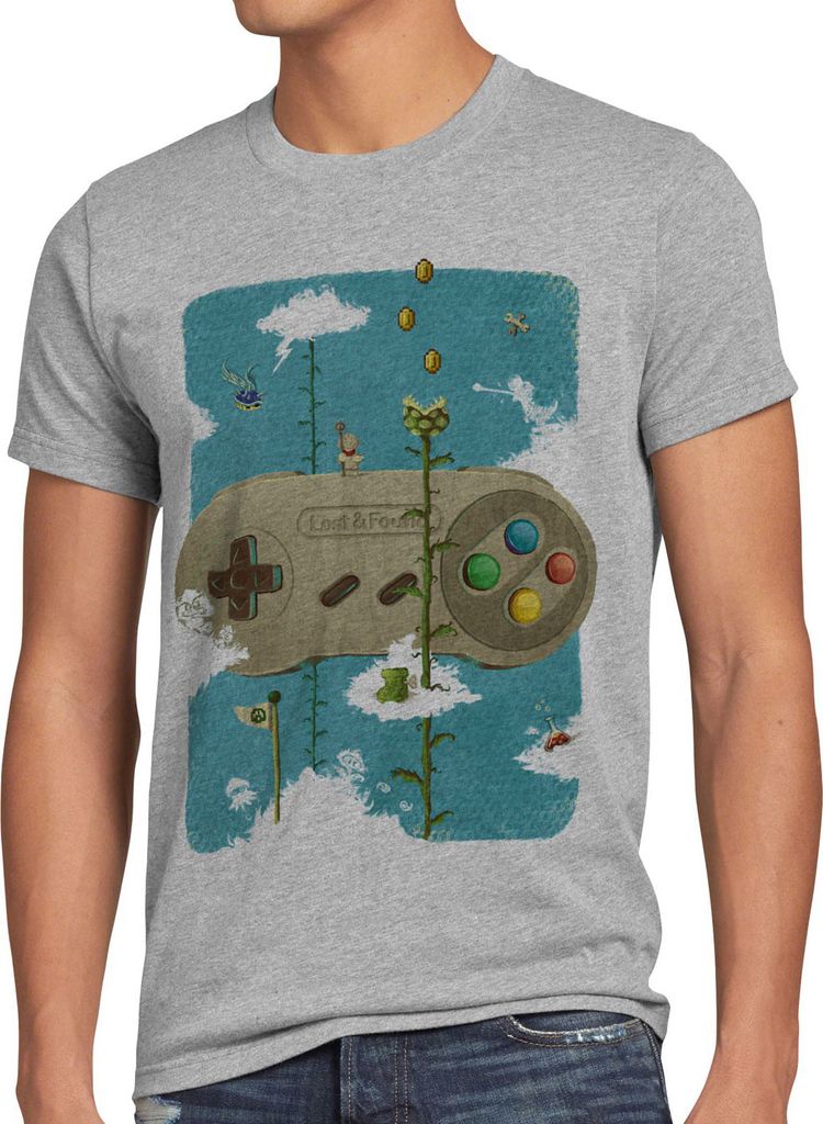 style3 16-Bit Nostalgie T-Shirt Herren snes mario super kart 8-bit yoshi, Größe:4XL, Farbe:Grau meliert