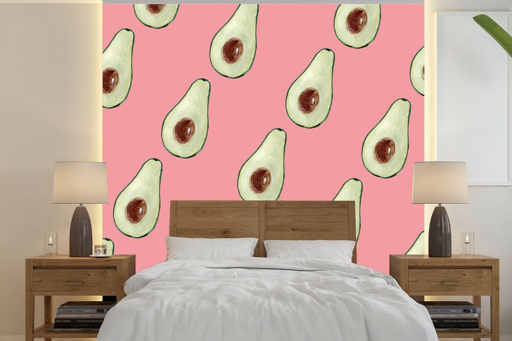 MuchoWow Fototapete für Wohnzimmer oder Schlafzimmer Wandtapete Vinyl Motivtapete Avocado - Rosa - Frucht - 260x260 cm - Papiertapeten