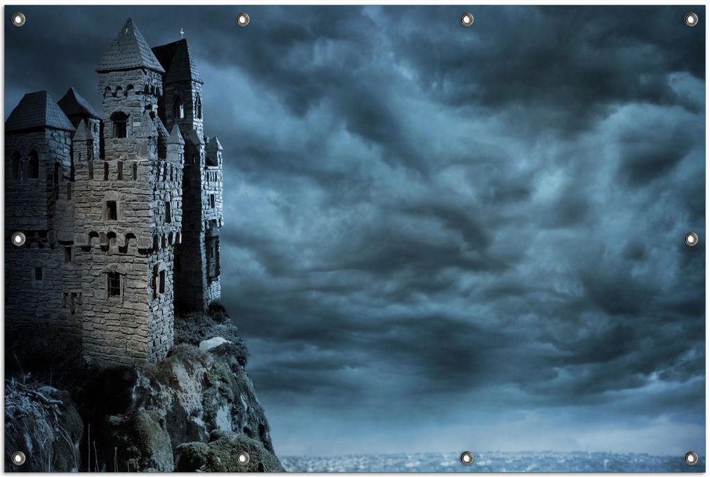 Wallario Outdoor-Poster für Garten oder Balkon, Motiv Altes Geisterschloss, in ca. 100 x 150 cm