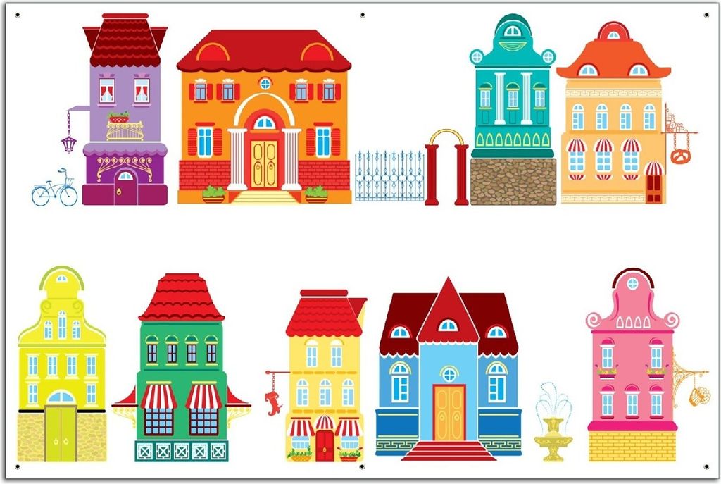Wallario Outdoor-Poster für Garten oder Balkon, Motiv Bunte Häuser in einer Stadt - Comic Stil, in ca. 61 x 91,50 cm