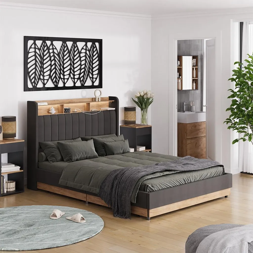 Lit rembourré Vitalispa Nura Anthracite 140x200 cm avec 4 tiroirs lits