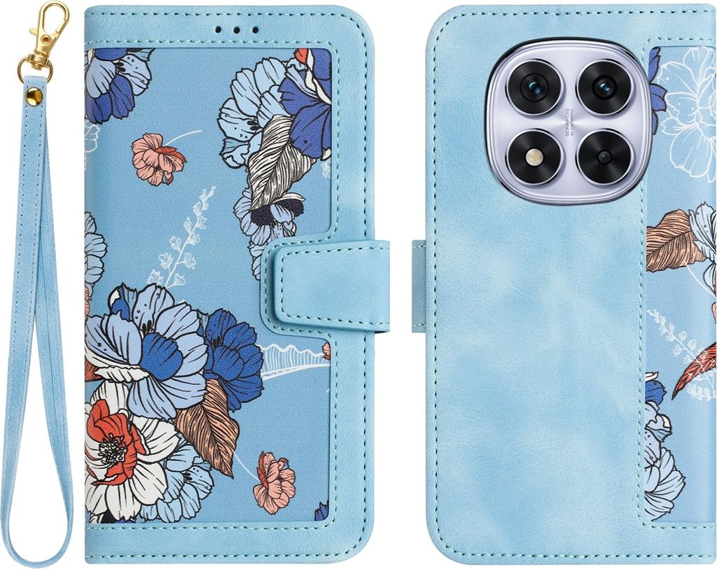 Für Xiaomi Redmi Note 14 Pro 5G Kunstleder Wallet Handy Tasche Blumen Design Hülle Etuis Hellblau