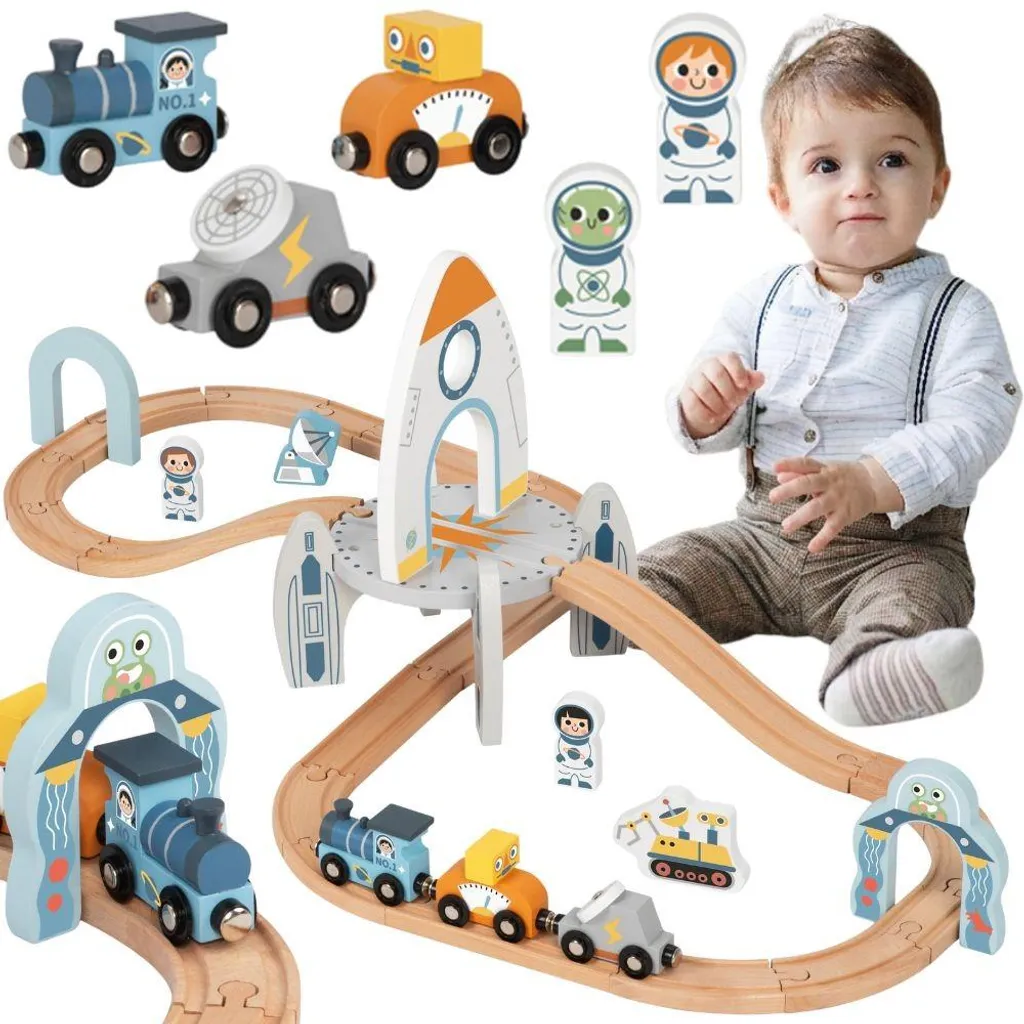 Circuit Train Spatial Bois Sans Plastique - Jouet Robuste et Sécurisé 3+