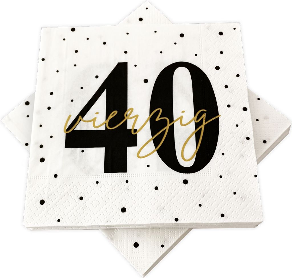 20 Servietten zum 40. Geburtstag 33 x 33 cm - weiß schwarz gold
