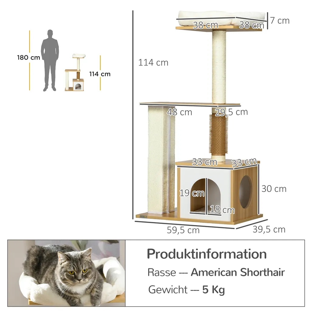 Tiragraffi PawHut, altezza 114 cm, albero per gatti, tiragraffi a più piani con grotta per gatti, letto per gatti, mobili per gatti con colonna per il solletico, albero da arrampicata per gatti fino a 5 kg, quercia - 3
