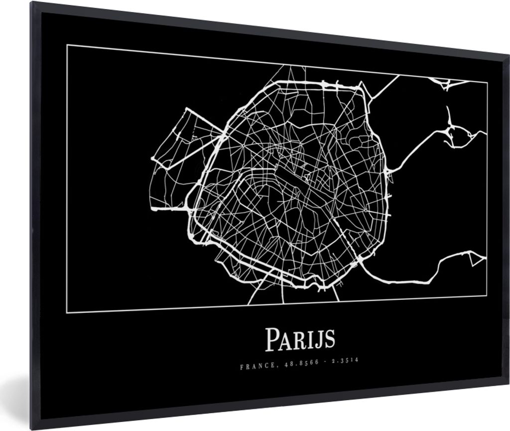 MuchoWow Gerahmtes Poster Paris - Karte - Stadtplan 90x60 cm - Poster mit Schwarzem Bilderrahmen Wandposter Rahmen Foto Bilder - Fotorahmen - Fot...
