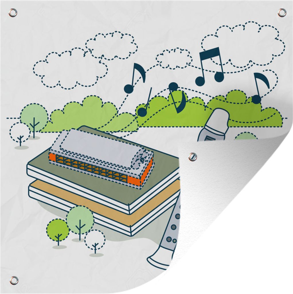 MuchoWow 50x50 cm Outdoor-Poster Gartendeko Sichtschutz Garten Poster für den Garten Illustrationen einer Flöte mit Bäumen und Musiknoten