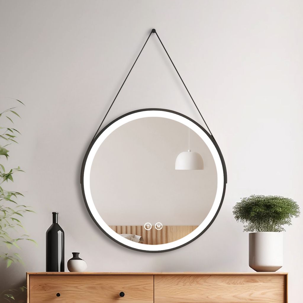 Heilmetz Badspiegel Rund 70cm Spiegel mit Beleuchtung Touch Dimmbar Variables Licht Licht Spiegel mit Bandaufhängung Stilvoller Industriestil