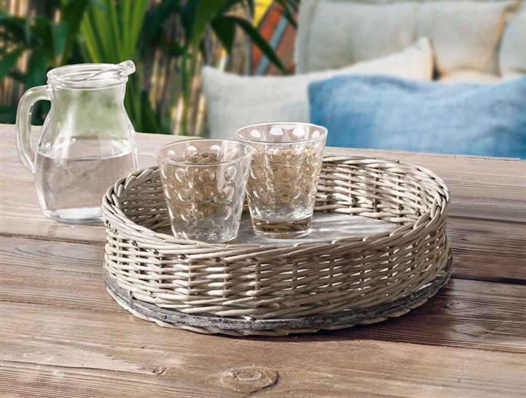 Tablettkorb aus Weide im Shabby Look, grau, rund, Serviertablett, Dekotablett, Obstkorb, Weidenkorb
