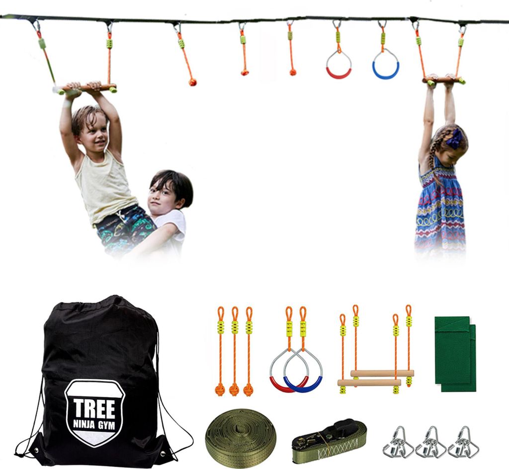 Children playing on a ninja obstacle course set up outdoors.