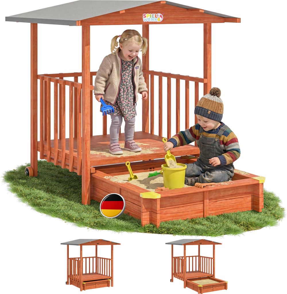 Two children playing in a wooden sandbox with a covered veranda.