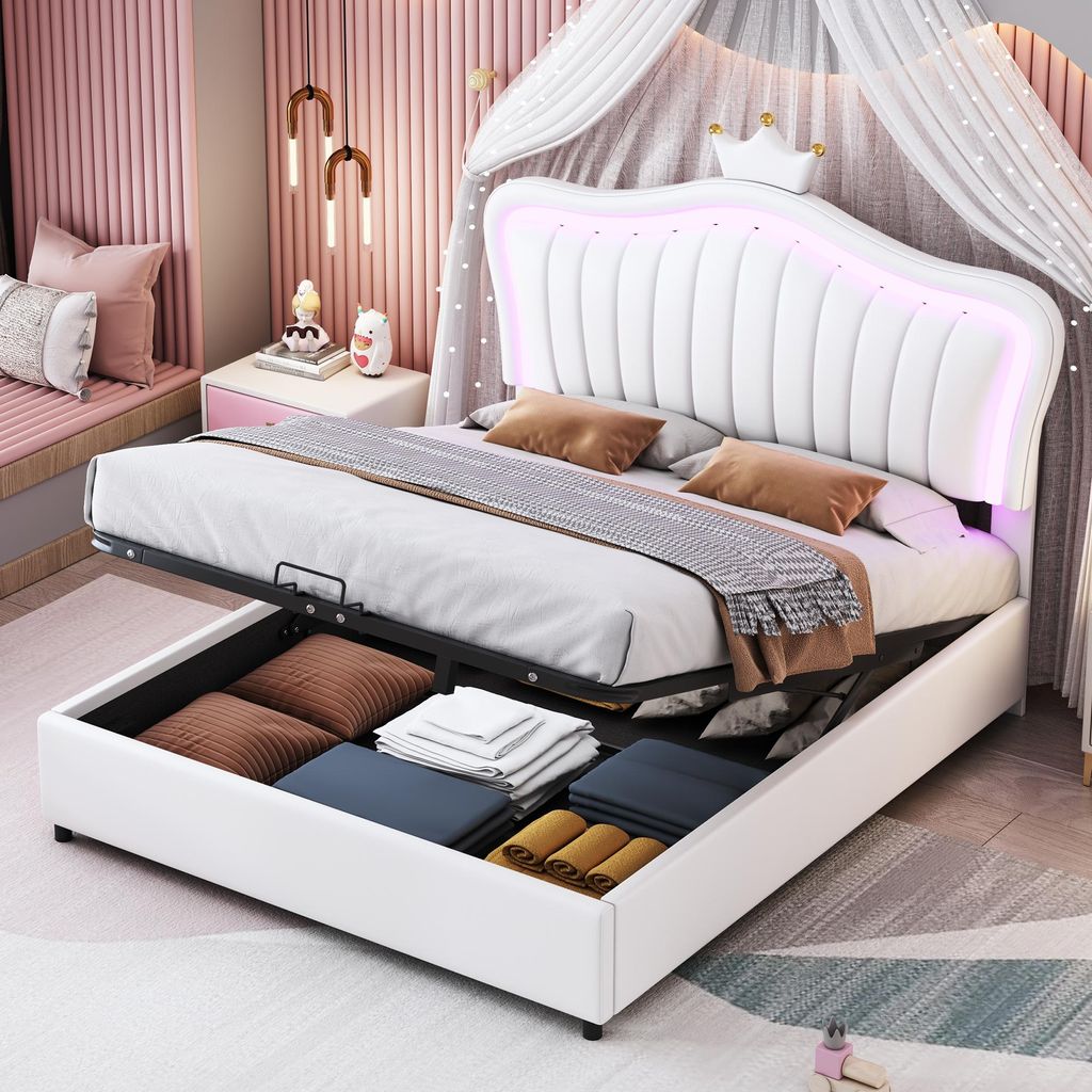 Merax Kinderbett Polsterbett  140x200 cm mit LED und Kronen Produktbild 