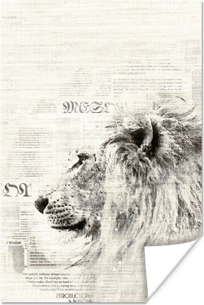 MuchoWow Poster Zeitung - Löwe - Schwarz - Weiß 120x180 cm - Kunstposter