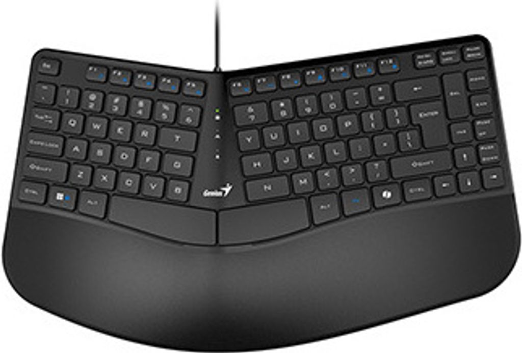 A black ergonomic keyboard is shown from a top-down perspective against a white background.