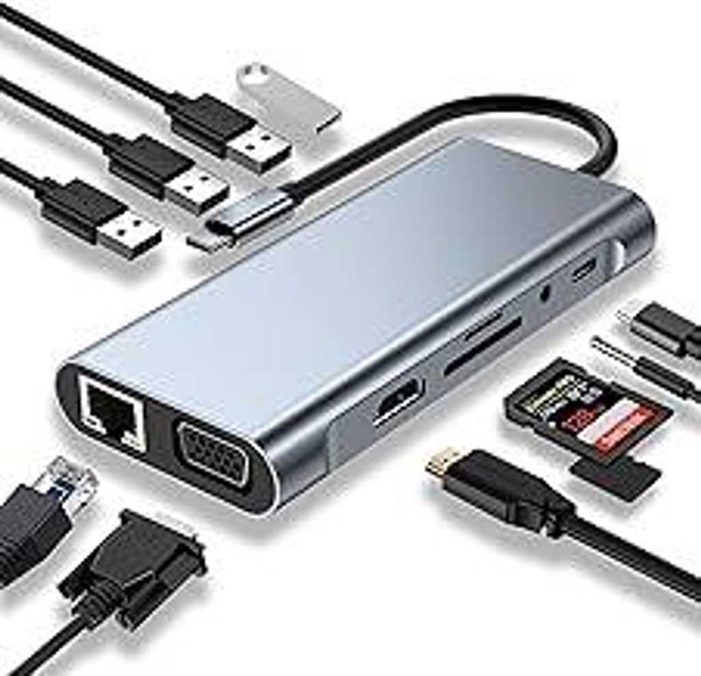 USB C HUB, Docking Station, 11-in-1 USB C Adapter mit 4K-HDMI, VGA, USB 3.0 Port, Type C PD, Ethernet RJ45 Port, SD/TF-Kartenles, 3.5mm AUX, Kompat...