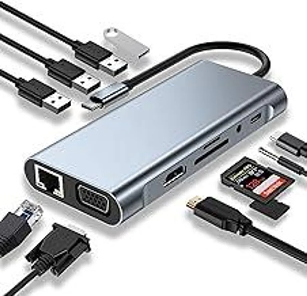 HUB USB C, docking station, adattatore USB C 11 in 1 con HDMI 4K, VGA, porta USB 3.0, Type C PD, porta Ethernet RJ45, lettore di schede SD/TF, AUX da 3,5 mm, compatibile con MacBook Pro/Air e altri dispositivi Type C.