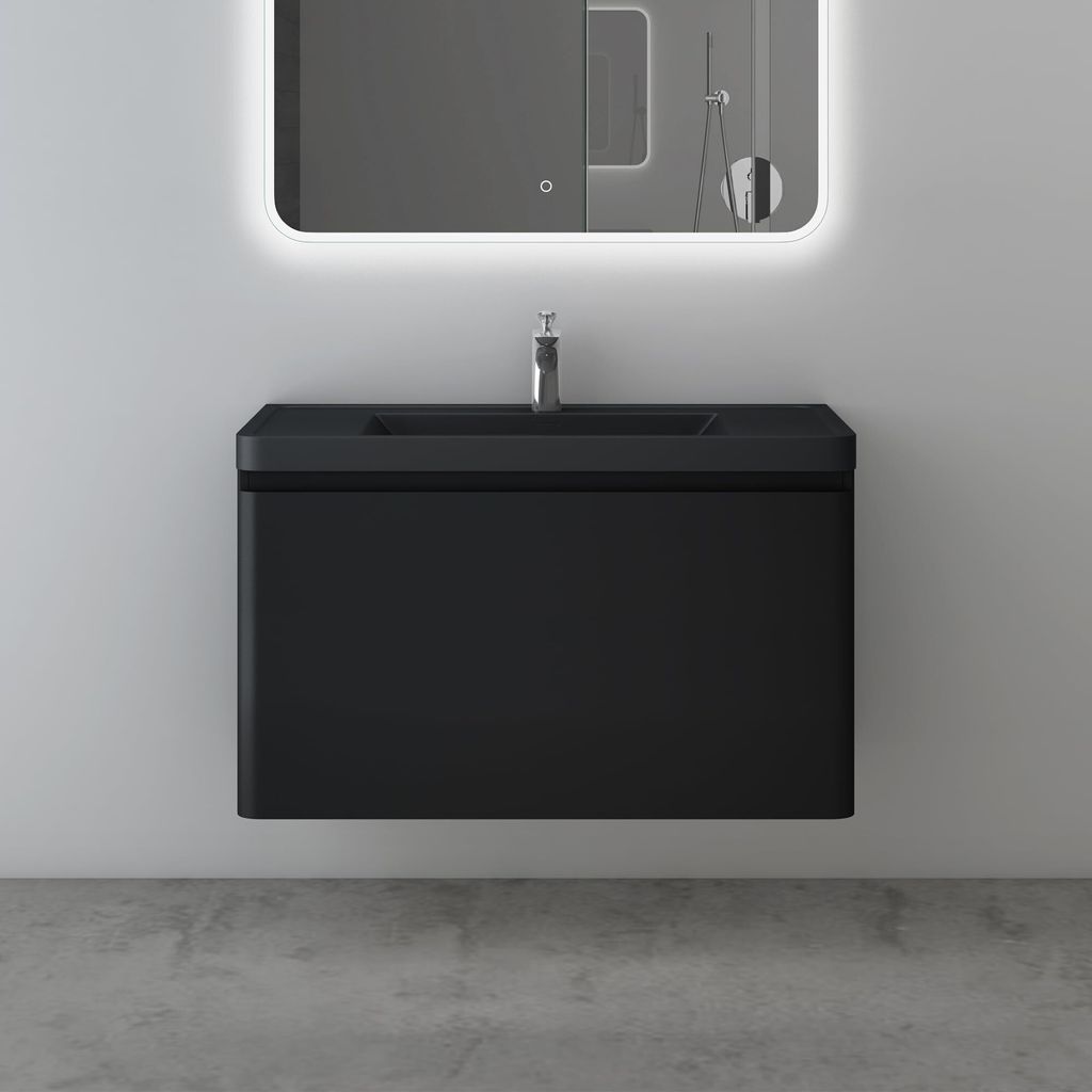 Mai & Mai Badmöbel-Set Waschbeckenunterschrank 90x48x50cm in Matt Schwarz mit Softclose Schubladen inkl. Mineralguss Waschbecken und LED-Spiegel A...