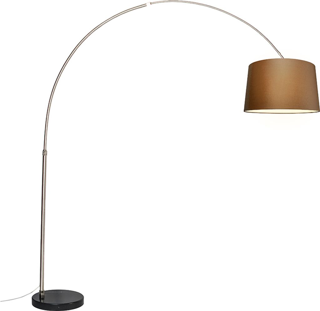 QAZQA - Modern Bogenleuchte I Bogenlampe I Lampe I Leuchte Stahl I Silber I nickel matt Stoffschirm braun 45 cm - XXL I Wohnzimmer - Stahl Länglic...