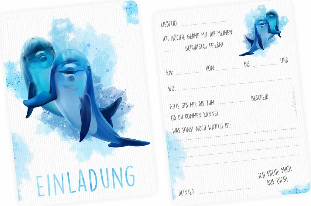 10 Einladungskarten Delfine blau/ weiß mit GLITZER inkl. 10 Briefumschlägen
